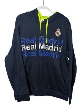 Real Madrid Hoodie Large Navy Blue Neon Green Soccer Football Pullover